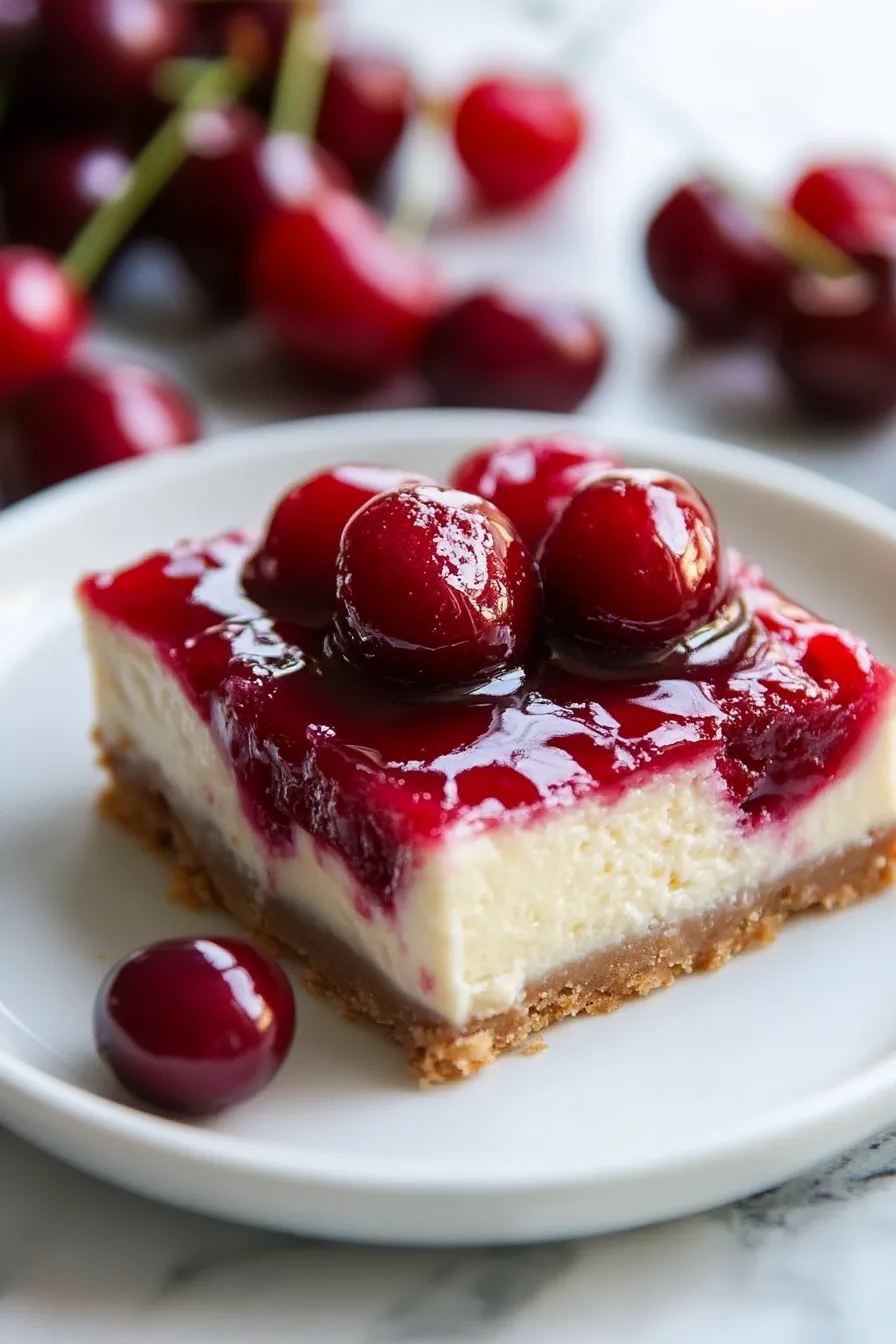 Close-up of cheesecake pieces showing golden crust and vibrant red fruit.