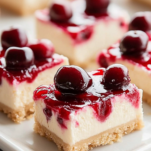 Dessert arranged neatly on a white plate, garnished with glossy cherries.