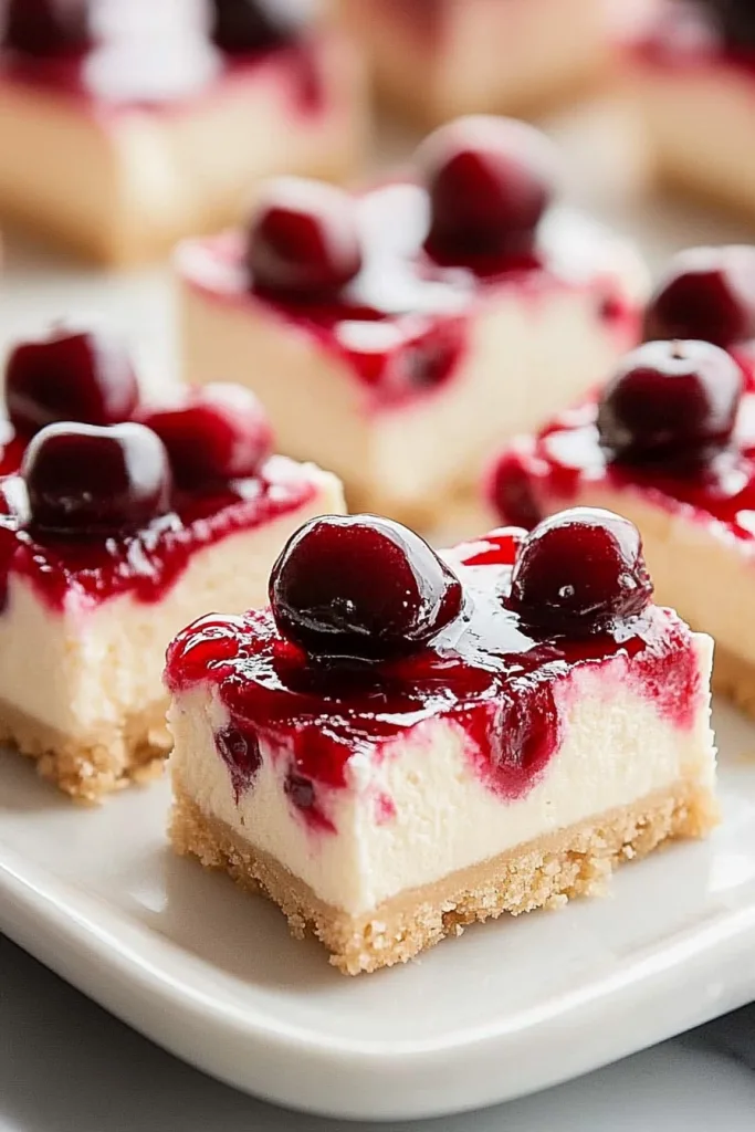 Dessert arranged neatly on a white plate, garnished with glossy cherries.