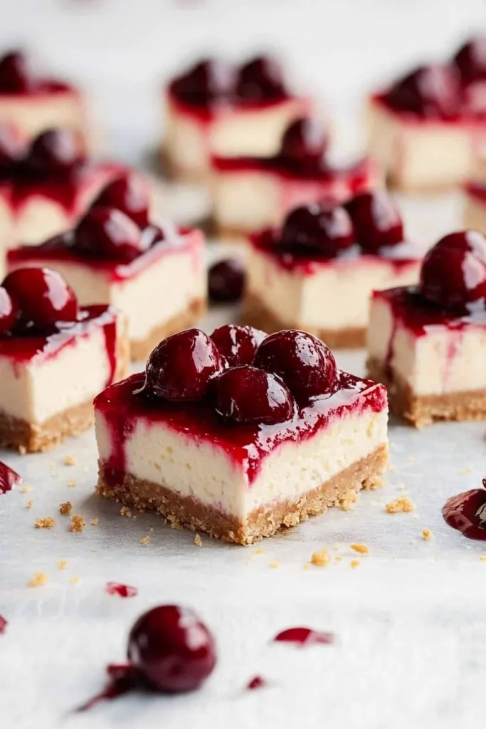 Square dessert bars with creamy layers and a glossy cherry topping.