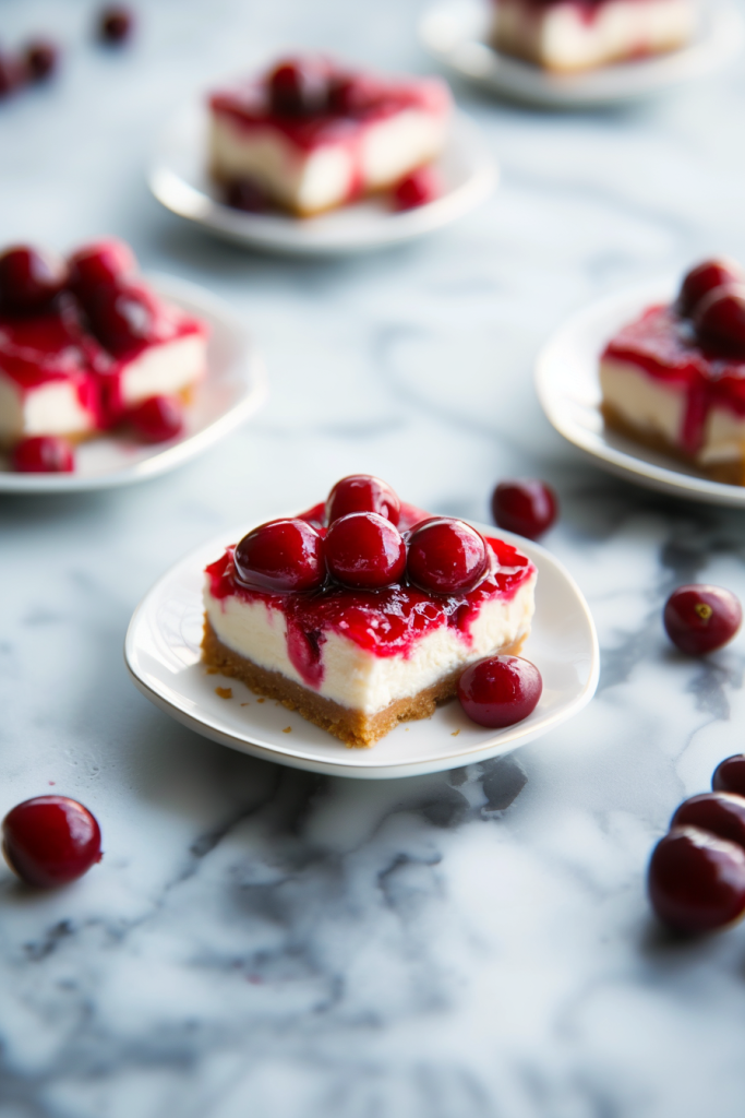 Plate of rich bars topped with whole cherries and sauce.