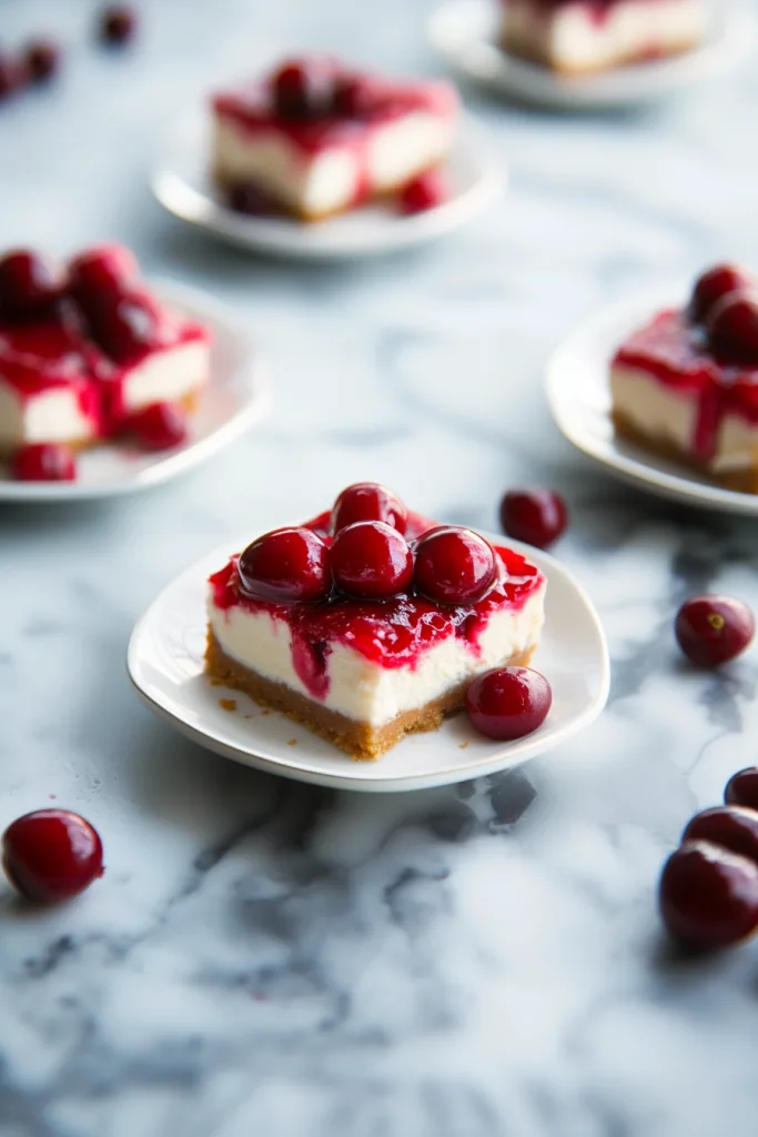 Plate of rich bars topped with whole cherries and sauce.
