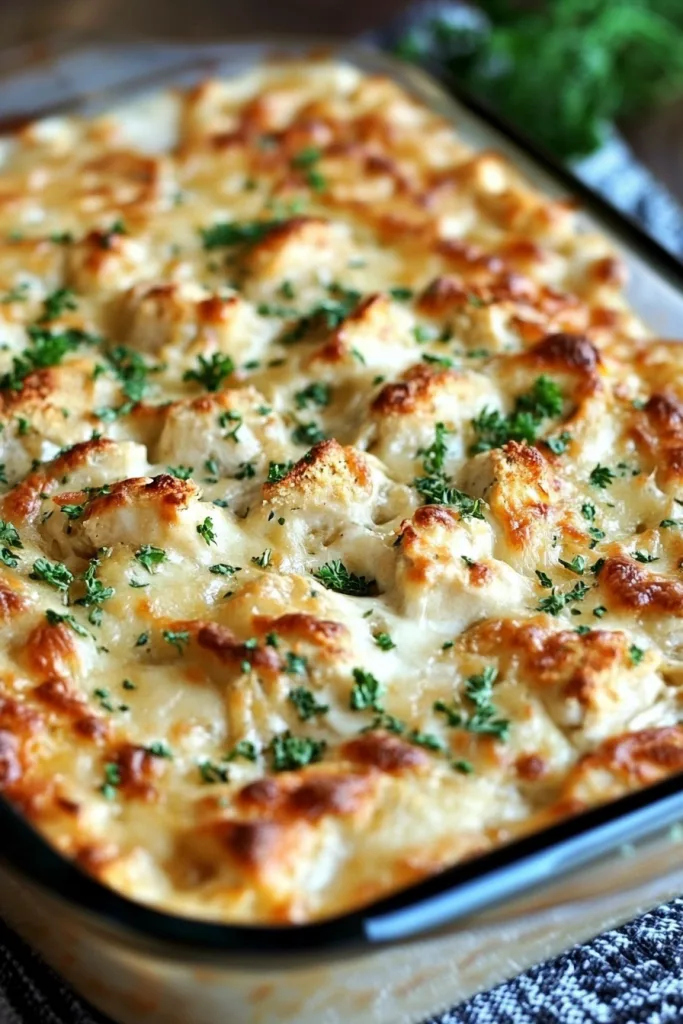 Golden, cheesy casserole fresh from the oven with herb garnish.