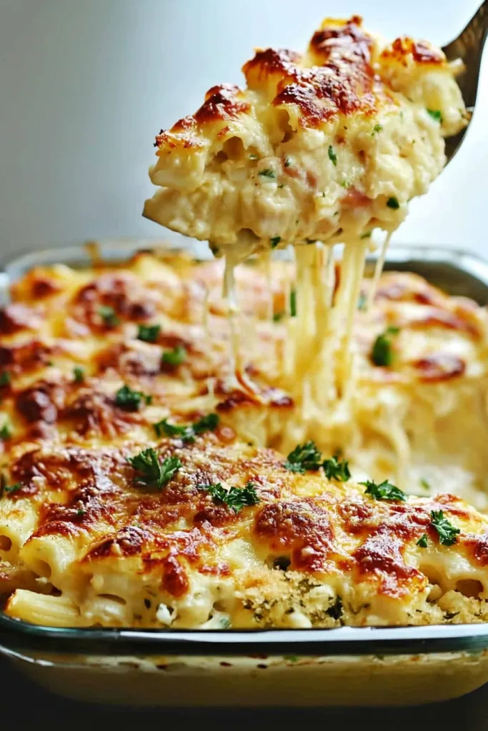 Warm, hearty casserole highlighting its golden crust and creamy layers.