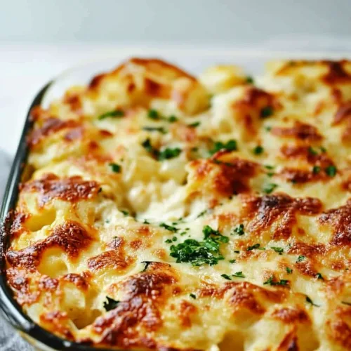 Rectangular glass dish filled with bubbling, browned casserole.