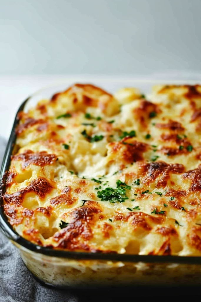 Rectangular glass dish filled with bubbling, browned casserole.