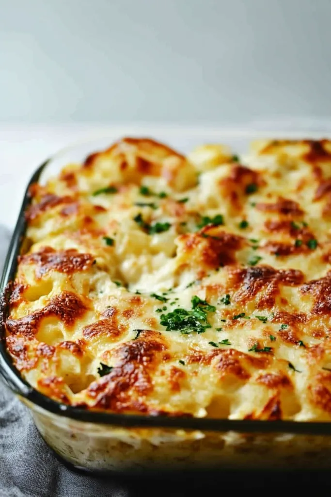 Rectangular glass dish filled with bubbling, browned casserole.