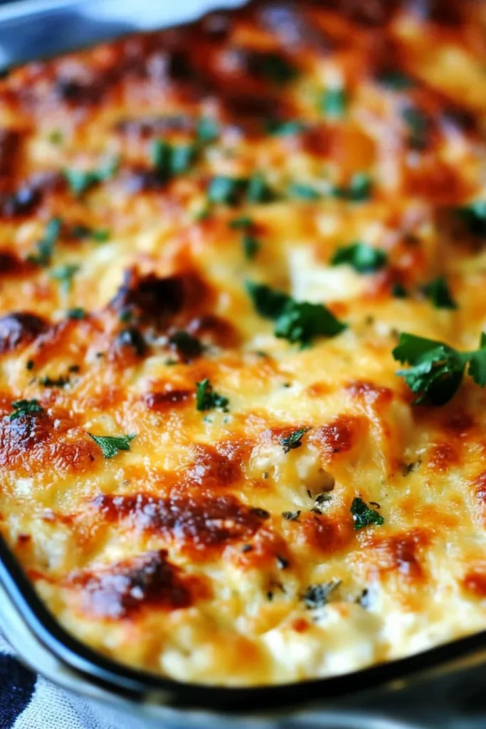 Cheesy pasta bake with crisp edges and fresh parsley sprinkled on top.