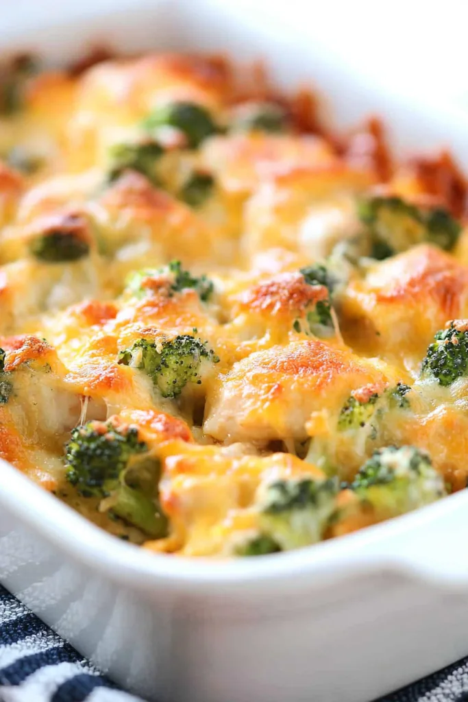 Comforting baked dish featuring chunks of chicken, broccoli, and gooey cheese.