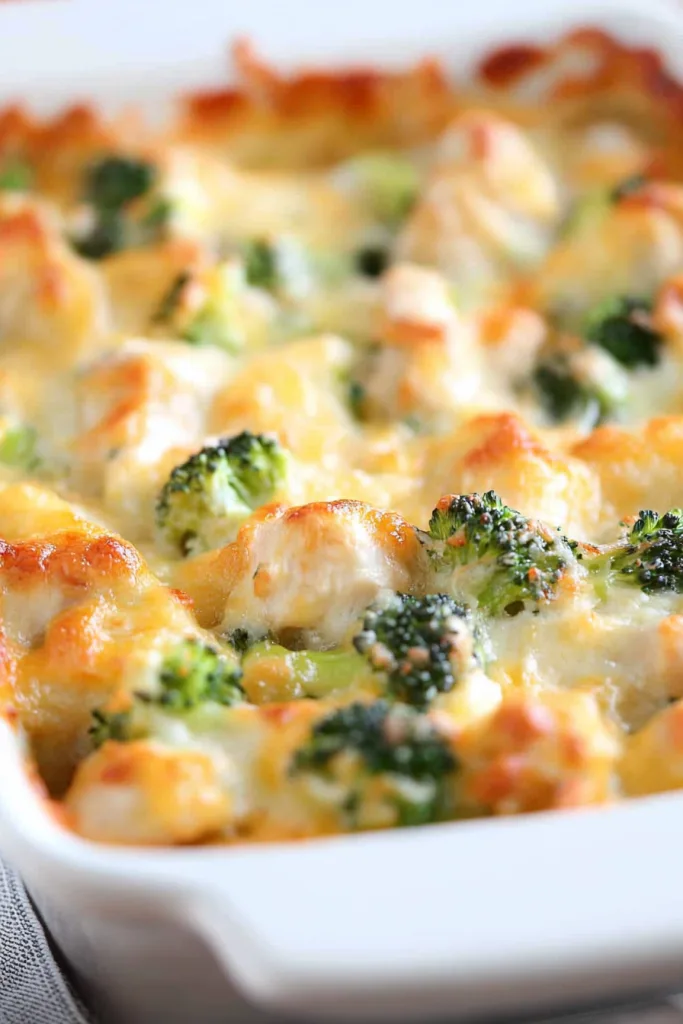 Freshly baked casserole highlighting the contrast of green broccoli and golden cheese.