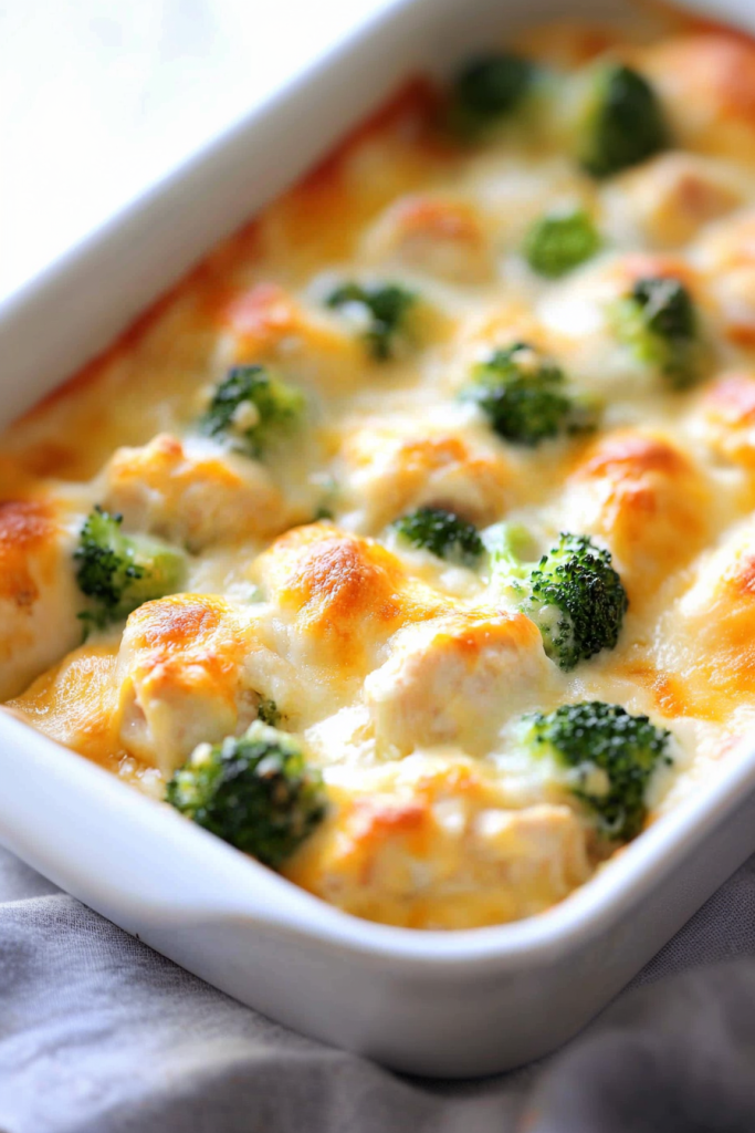 Hearty casserole topped with bubbly browned cheese and tender vegetables.