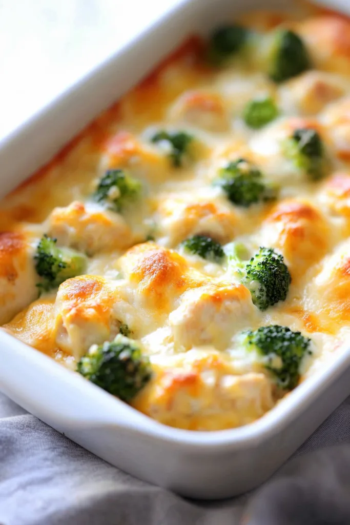 Hearty casserole topped with bubbly browned cheese and tender vegetables.