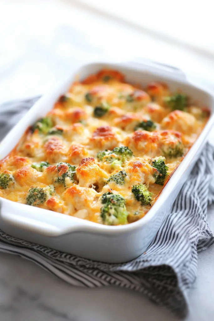 Baked casserole with golden melted cheese and bright green broccoli.