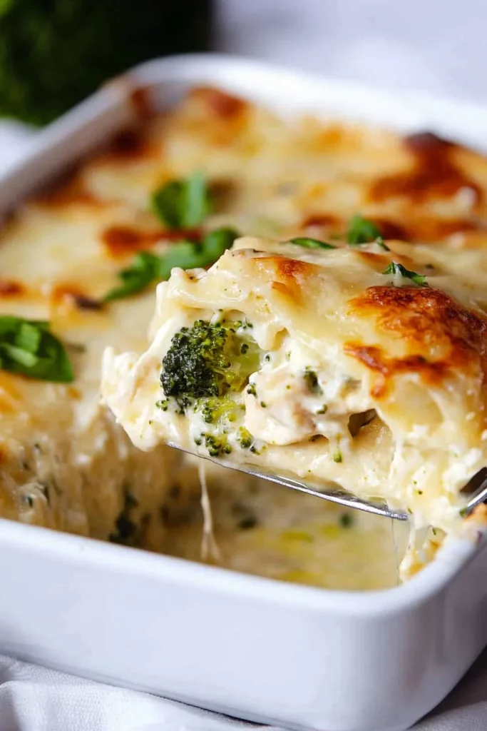 Close-up of creamy pasta layers filled with chicken chunks and vegetables