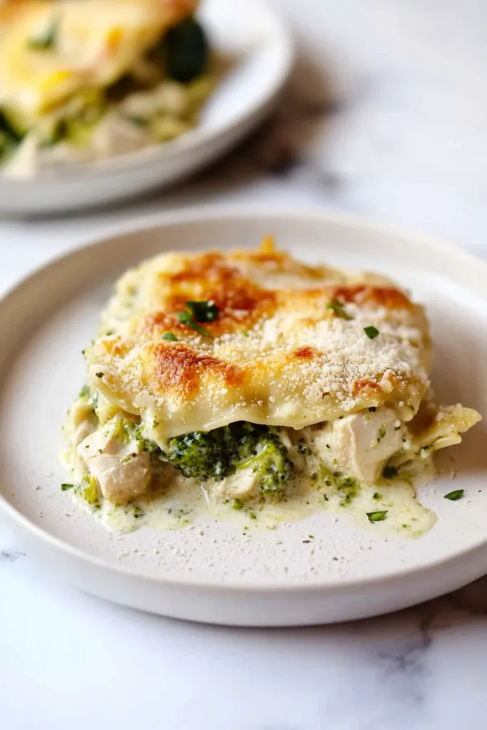Layered lasagna slice with golden cheese topping and green broccoli accents