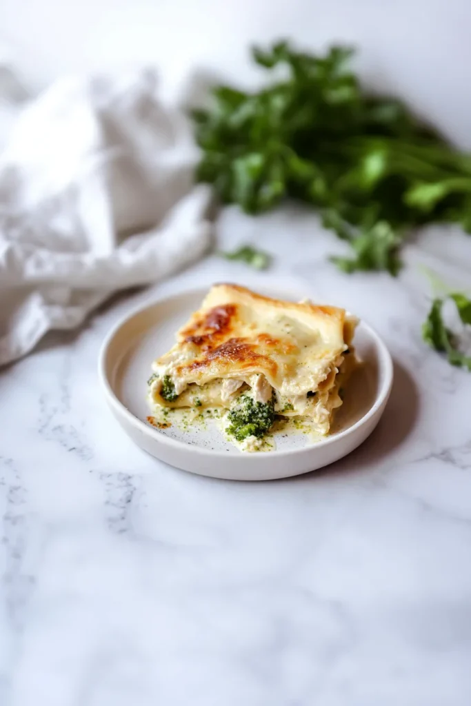 Plated lasagna portion showing melted cheese and tender broccoli pieces