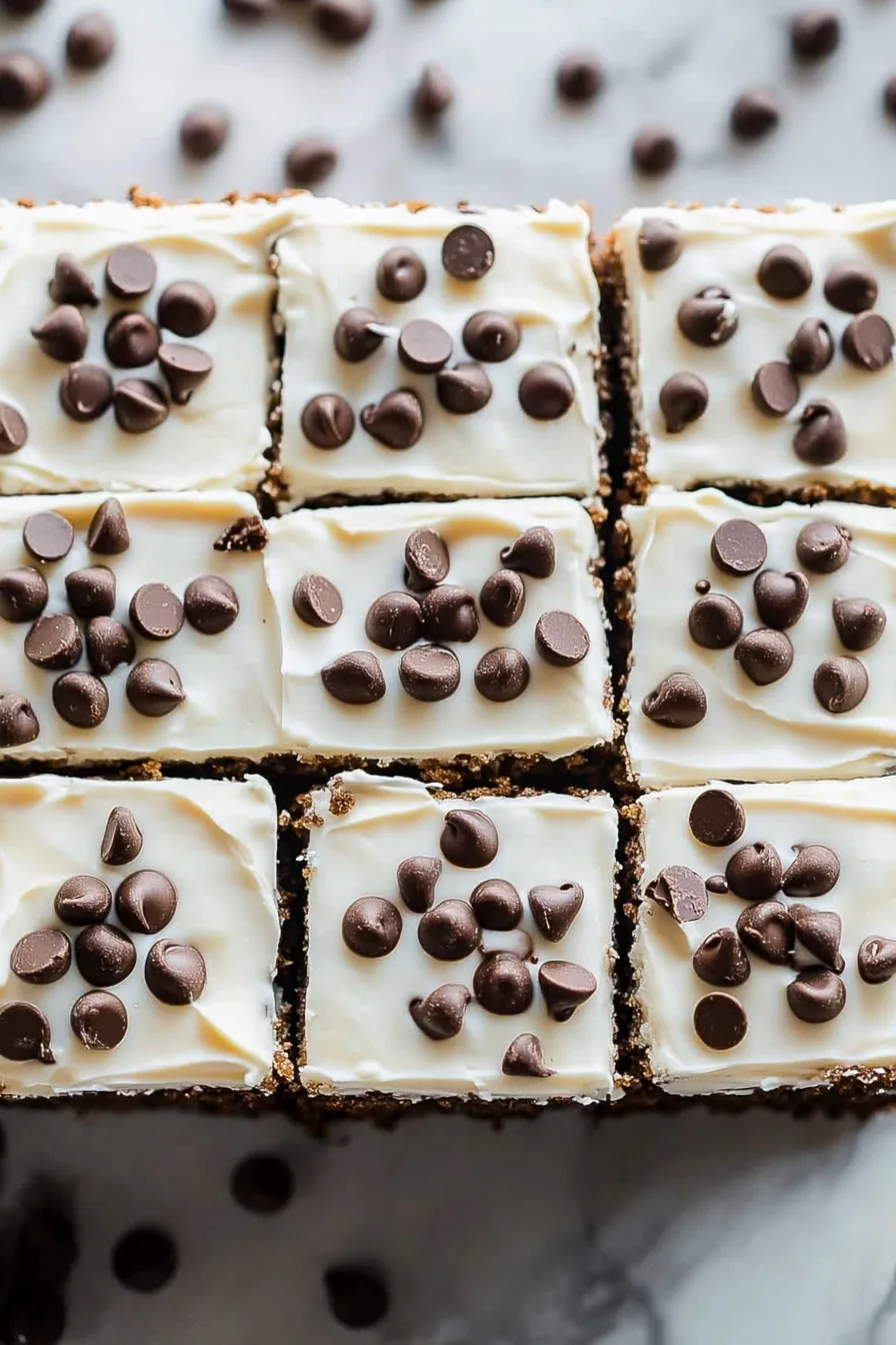 Neatly arranged dessert bars with smooth frosting and scattered chocolate chips.