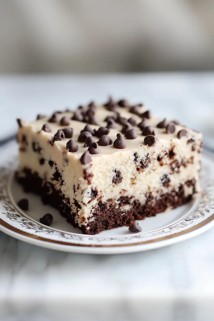 Decorative plate holding a dessert square studded with chocolate pieces.