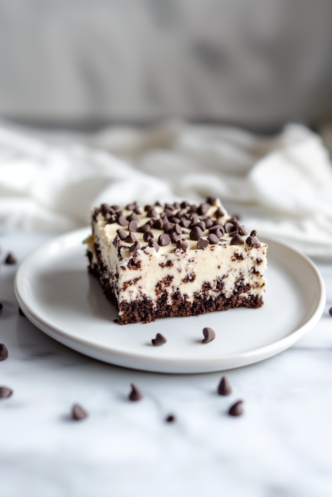 Square slice of layered dessert with creamy filling and scattered chocolate chips.