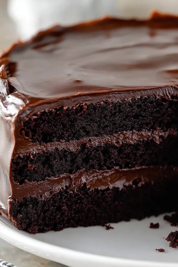 Close‑up of moist sponge and thick chocolate filling.