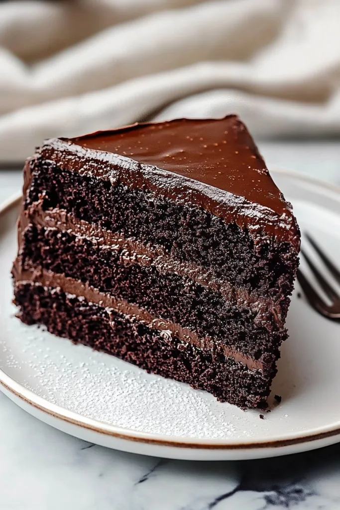Chocolate Fudge Cake served with fork and sugar garnish.
