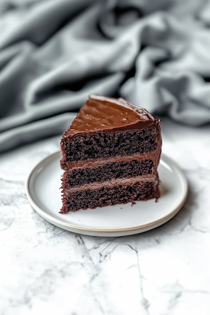 Slice of rich layered chocolate cake with glossy frosting.