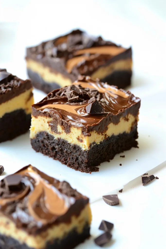 Dense brownie topped with creamy middle layer and finished with shiny chocolate coating.