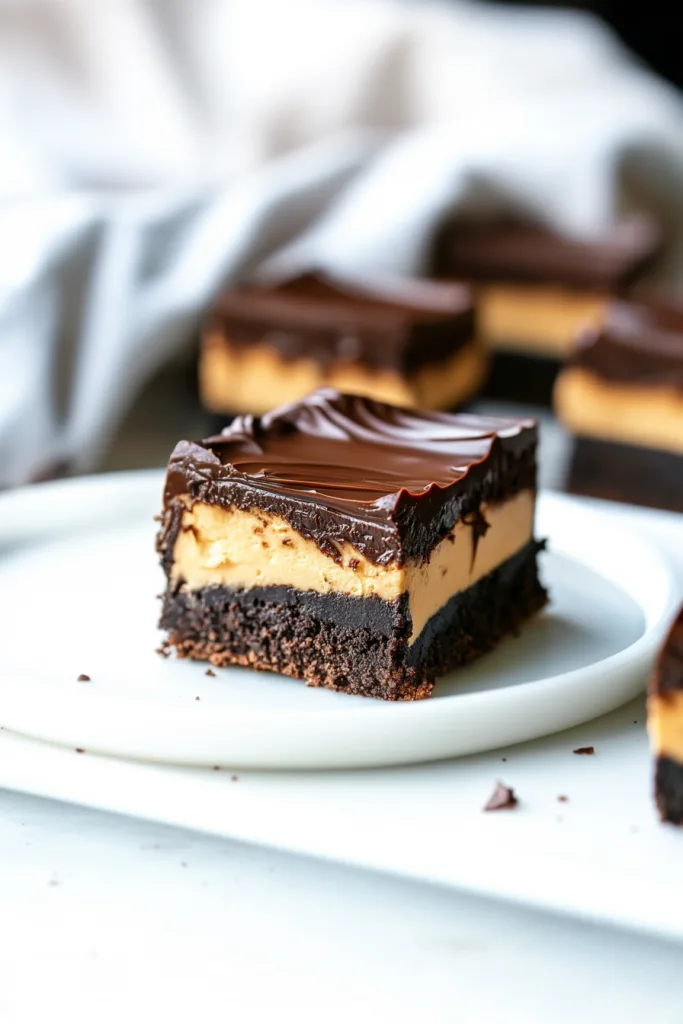 Layered dessert bar with a fudgy brownie base, creamy filling, and glossy chocolate topping.