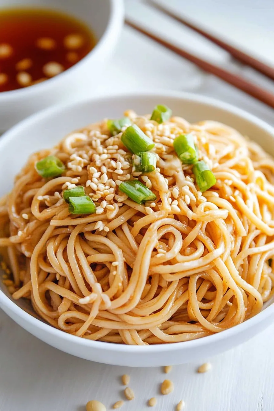 Bowl of noodles topped with sesame seeds and chopped green onions.