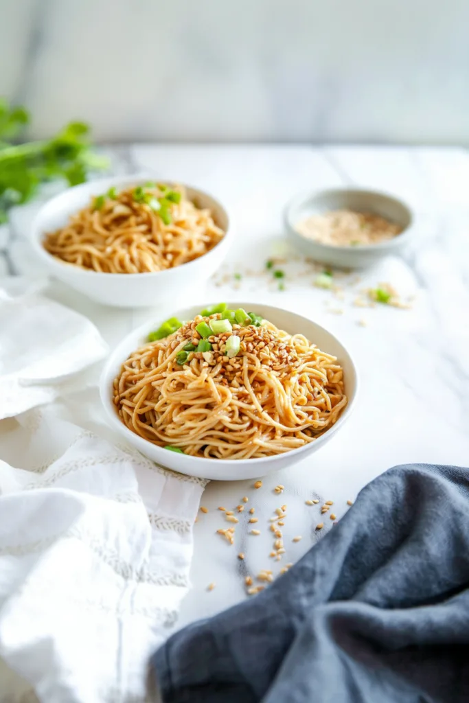 oodle dish with sesame seed sprinkle and vibrant green onion accents.