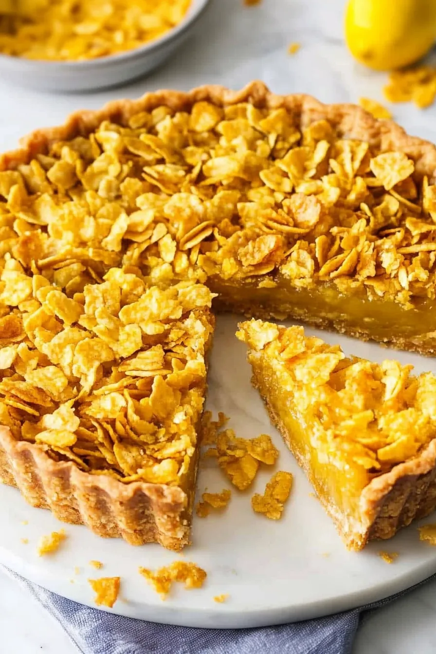Rustic dessert highlighting contrast between flaky crust and creamy center.