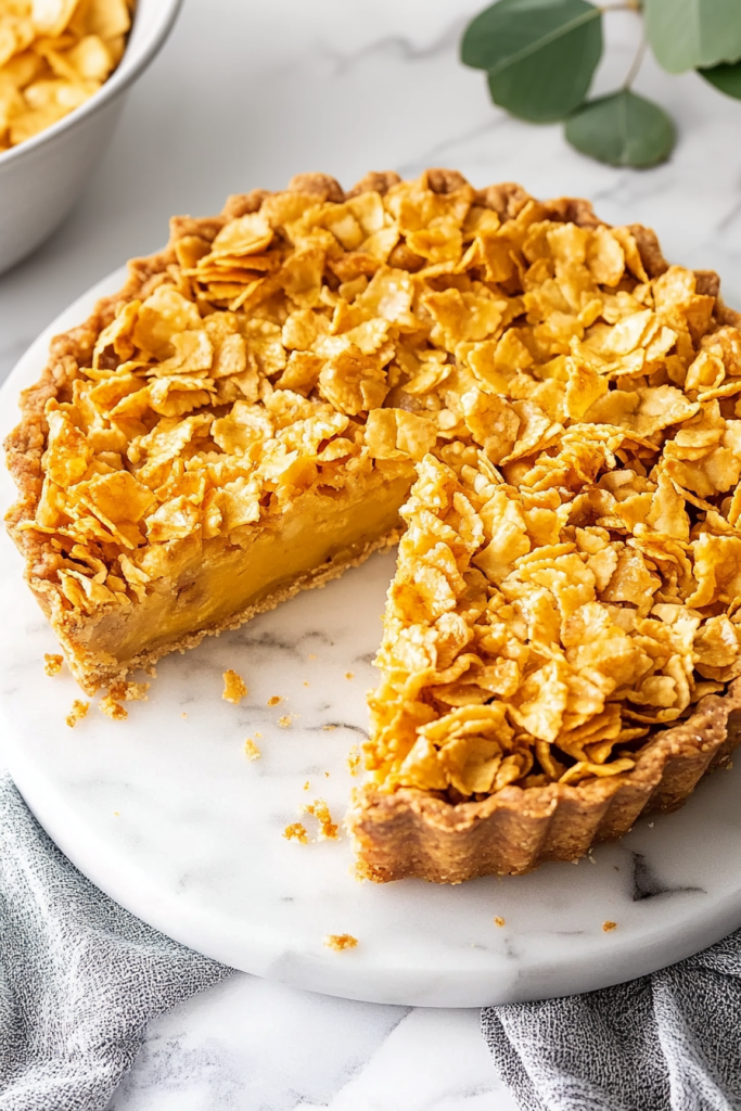 Crunchy topping piled over rich, glossy filling in a baked tart.