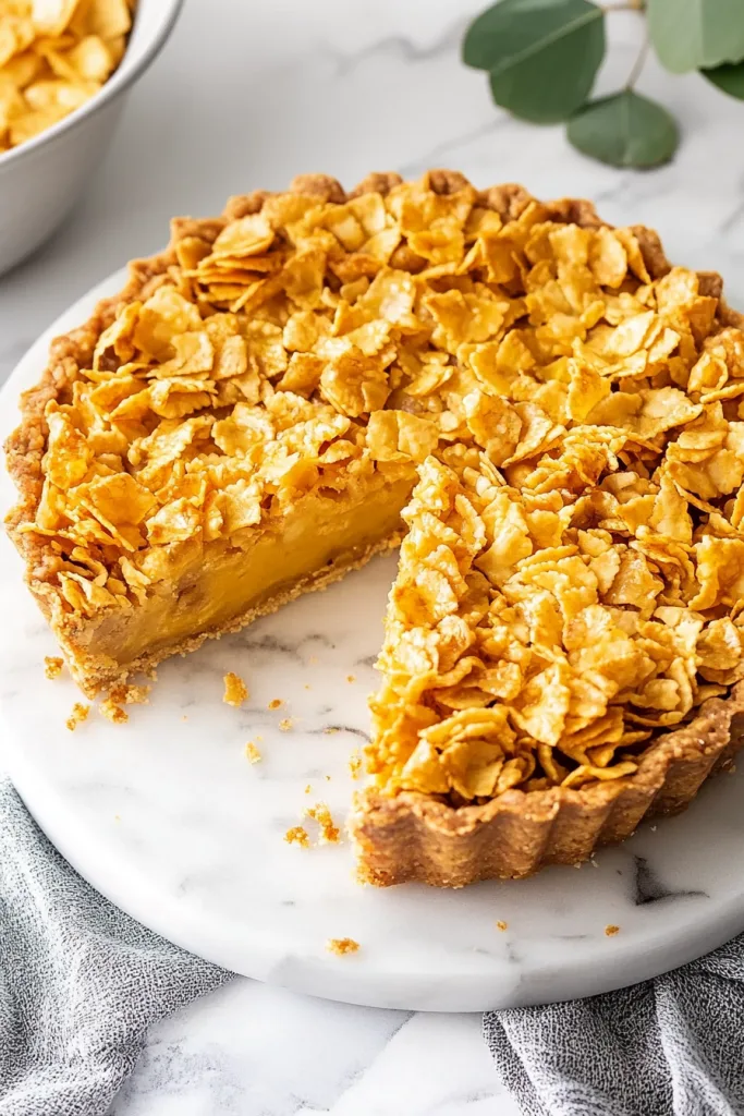 Crunchy topping piled over rich, glossy filling in a baked tart.