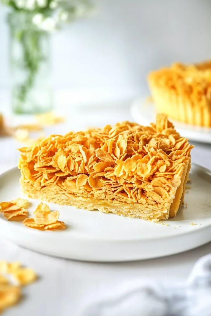 Close-up of a slice revealing smooth citrus layer beneath crisp topping.