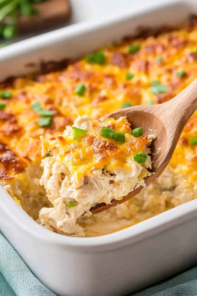 Comfort food casserole featuring a creamy filling beneath a golden cheese crust.