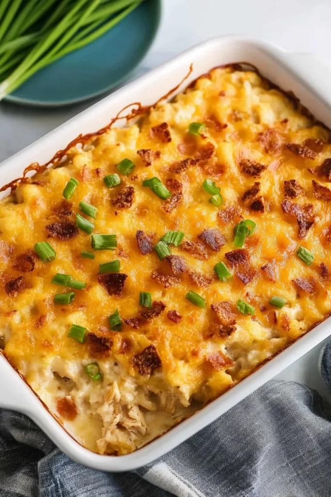 Freshly baked casserole in a dish, garnished with chopped scallions.