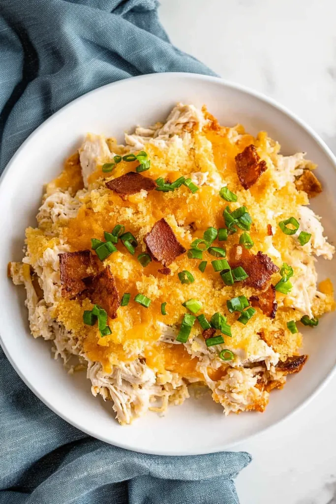 Golden baked casserole topped with melted cheese and fresh green onions.