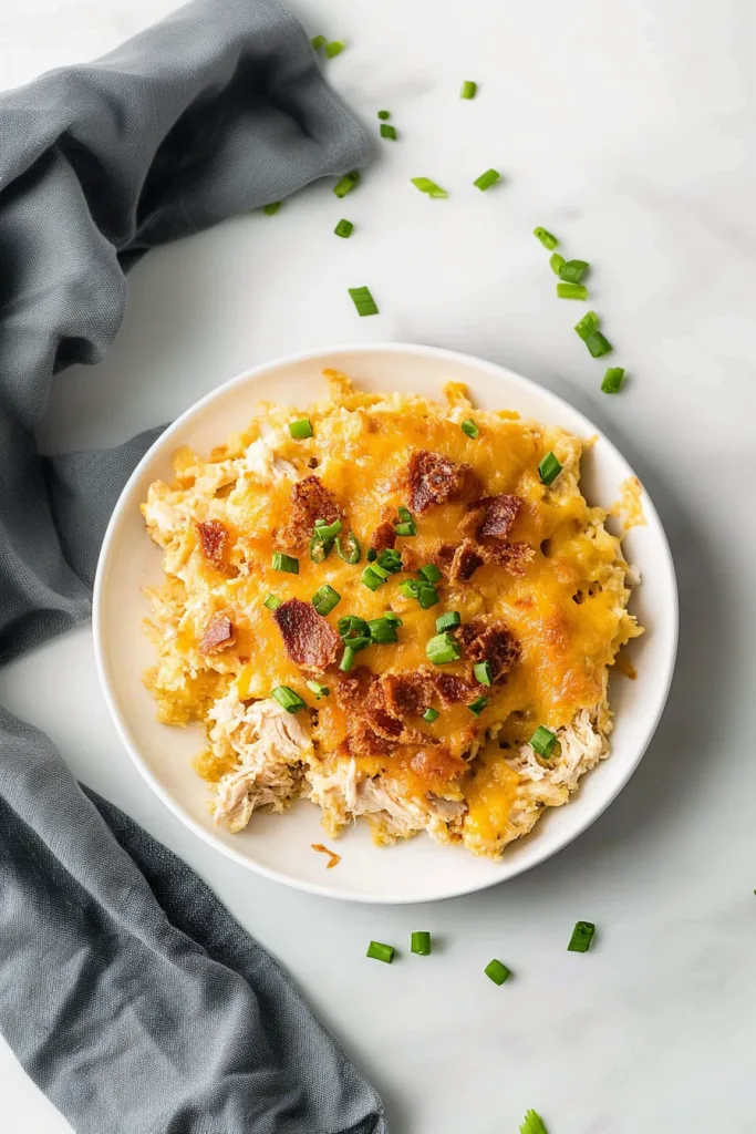 Creamy chicken casserole served hot with a crispy browned cheese layer.
