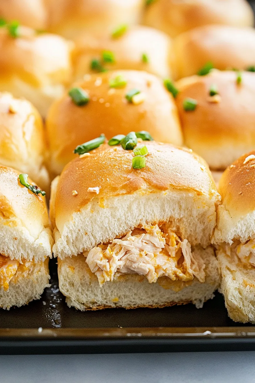 Baked mini sandwiches showing gooey cheddar and tender chicken inside.