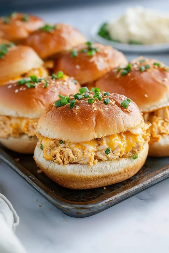 Tray of golden-brown sliders topped with sesame seeds and fresh herbs.