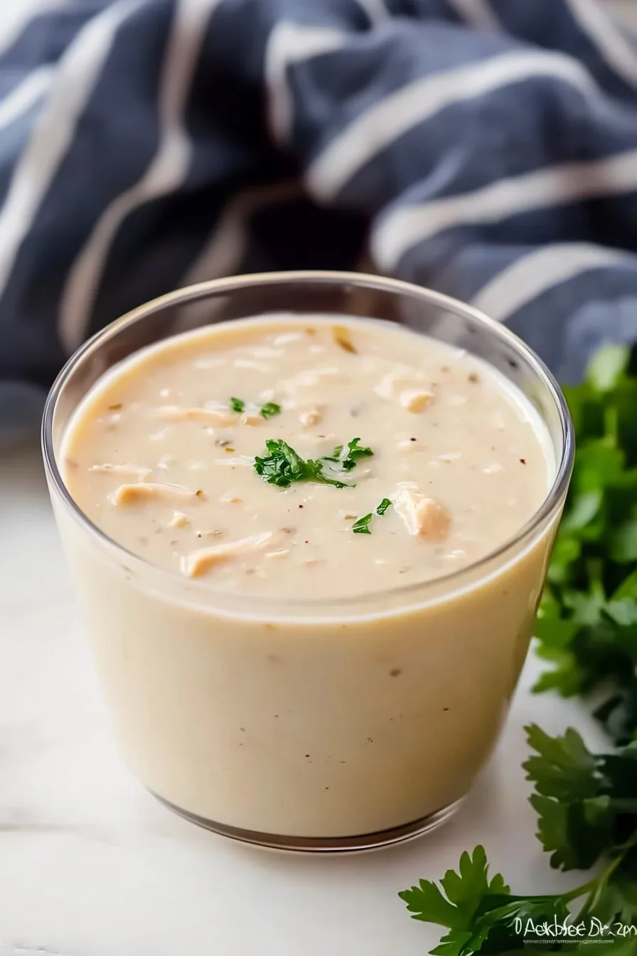 Comforting creamy dish garnished with herbs in the background.