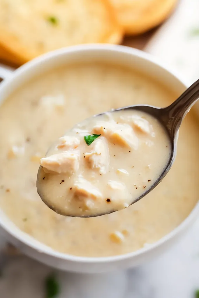 Warm homemade soup served in a white bowl on a light surface.