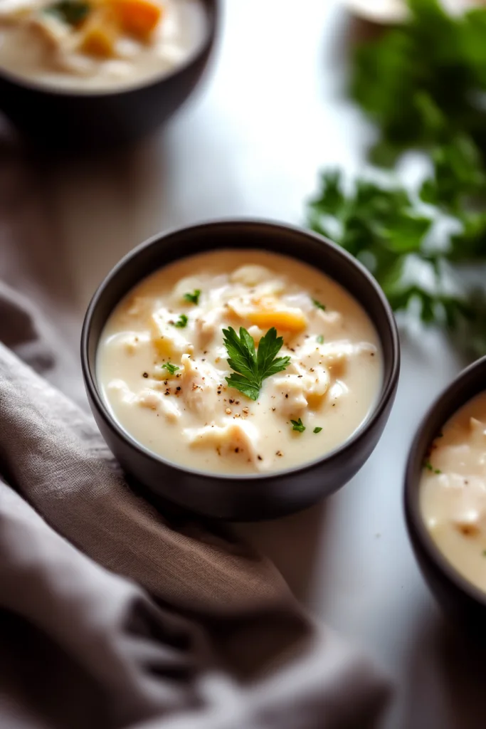 Bowl of creamy soup topped with fresh parsley and cracked pepper.