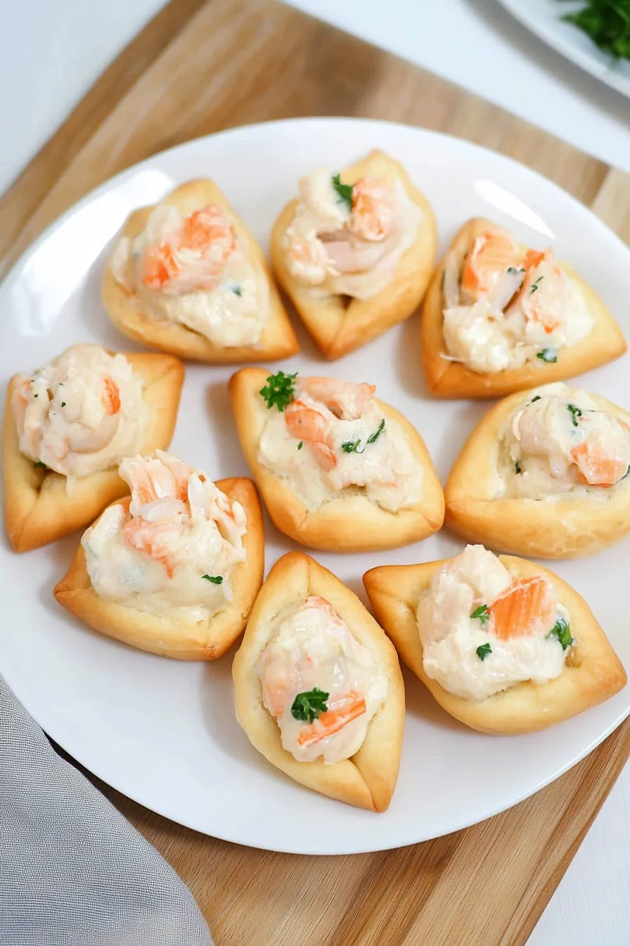 Overhead view of bite-sized pastries on a wooden board, paired with a light cloth backdrop.