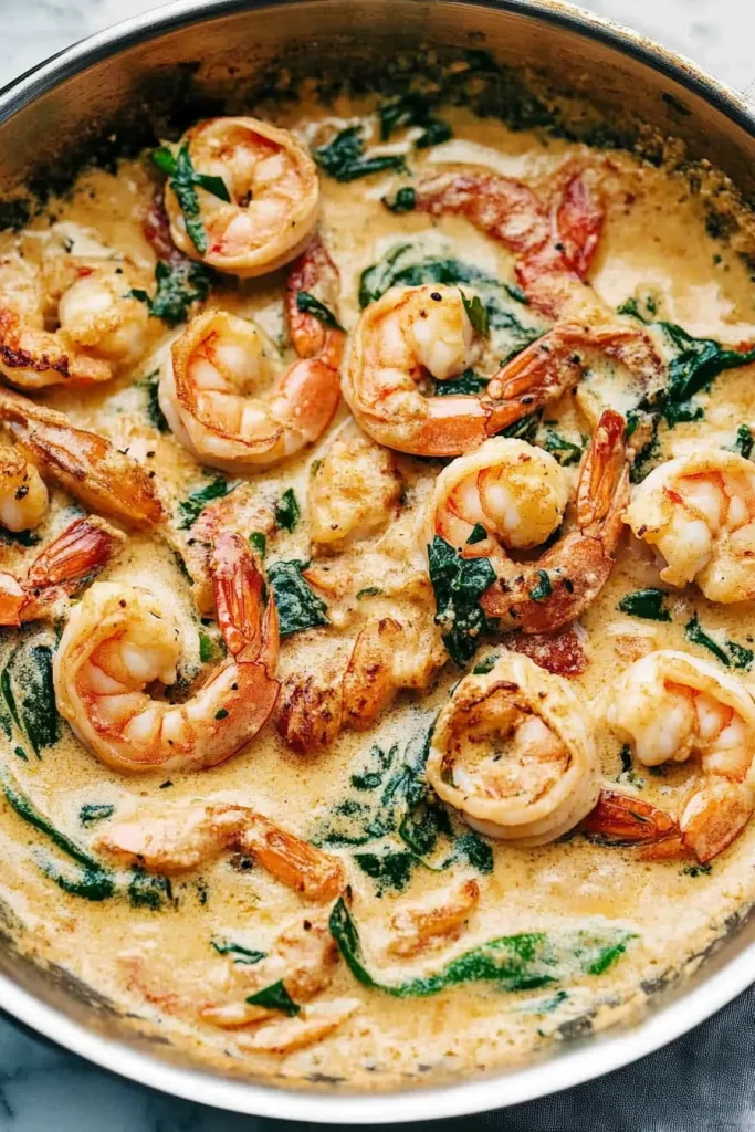 Skillet of shrimp in velvety sauce, accented by fresh spinach leaves
