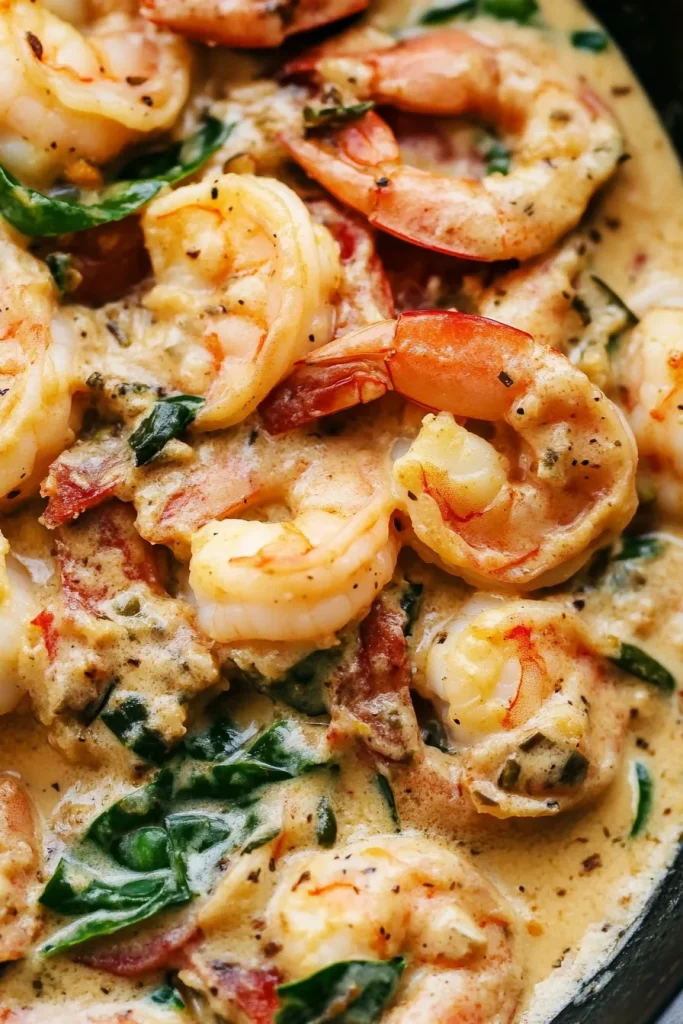 Succulent shrimp bathed in smooth cream sauce, garnished with herbs