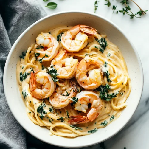 Plated shrimp dish with creamy texture and warm, golden tones