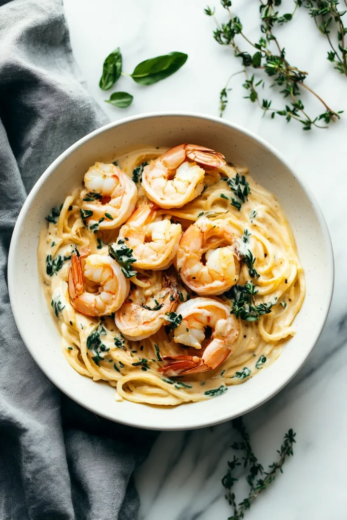 Plated shrimp dish with creamy texture and warm, golden tones