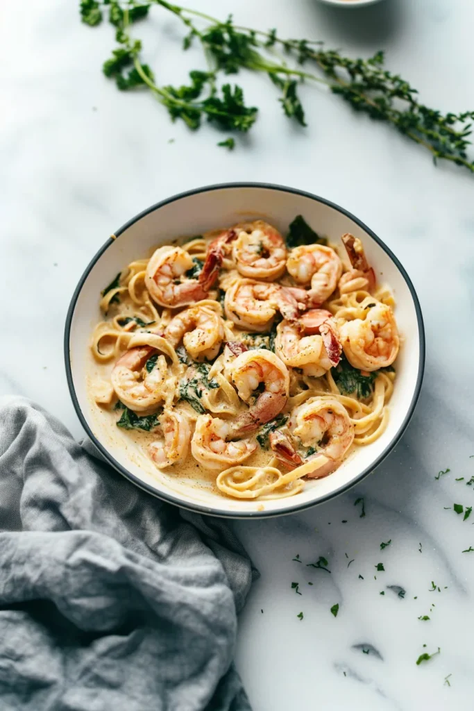 Golden shrimp nestled in creamy sauce with wilted spinach and herbs