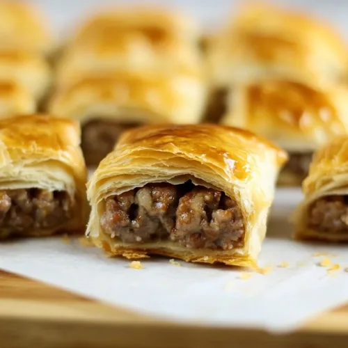 Batch of freshly baked pastries with browned crusts and visible sausage filling.